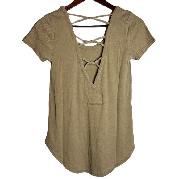 Chaser Ribbed Scoop Neck Open Back with Knotted Criss Cross Straps Tan T-shirt M - Picture 2 of 16